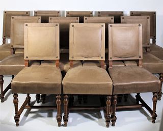 Set of 12 19th C Carved Continental Leather Chairs