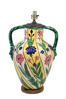 Italian Terracotta Glazed Large Vase Mounted Lamp
