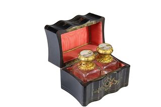 French Black Lacquer Box w/ Perfume Bottles