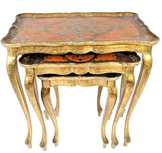 French Three Part Nesting Tables w Gilt Accents