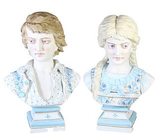 Antique/Early 20th C Bisque Lady & Male Busts