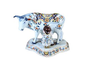 Dutch Delft Pottery Cow with Milking Man