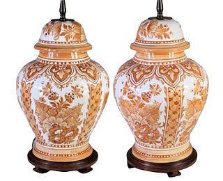 Pair of Orange Porcelain Ginger Gar Lamps