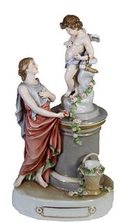 Hand Painted Porcelain Figurine of Woman & Cherub