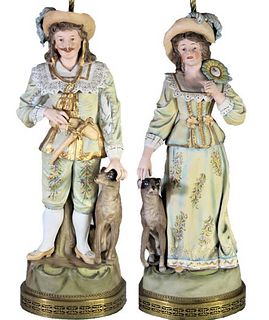 Pair Antique/Early 20th C Bisque Figurine Lamps
