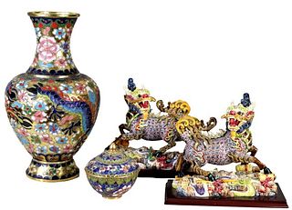 (4) Chinese Pieces: Vase, Container, and Dragons