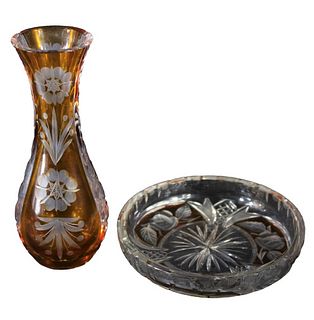 Pair of Cut Glass Orange Vase & Bowl