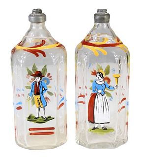 Pair of Stiegel Type Enameled Glass Flasks