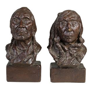 Signed Bronze Bookends of Piegan Blackfoot Elders