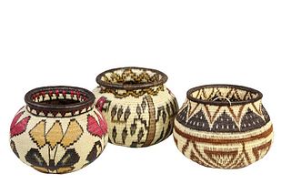 (3) Tribal Woven and Dyed  Coil Baskets