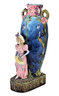 Blue Majolica Vase, Flowers and Figure