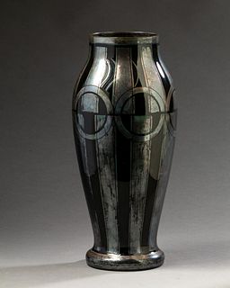 Large Czech Art Deco Silver Overlay Glass Vase.