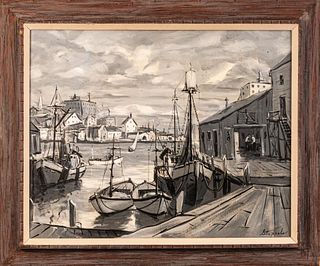Charles Stepule  (1911 - 2006). Monochrome Wharf Scene.