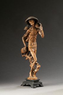 Asian Sculpture of a Man Carrying Shells.