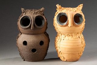 Two Vintage Studio Pottery Owl Votive Holders.