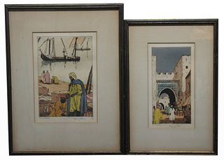 (2) Edgar Patterson Orientalist Colored Etchings