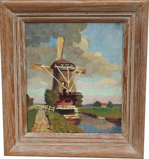 Signed, 20th C. Painting of Windmill Near River