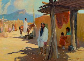Oscar Berninghaus (1874-1952), Morning Shade, Taos Pueblo