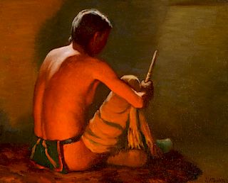 Joseph H. Sharp (1859-1953), Indian Portrait by Firelight and Moonlight