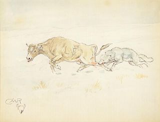 Charles M. Russell (1864-1926), Wolf and Steer; Wolf and Bull