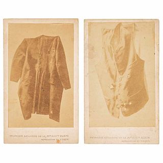 Aubert, François. Maximilian's vest and frock coat after his execution. Paris, ca. 1867. Carte de Visite. Pieces: 2