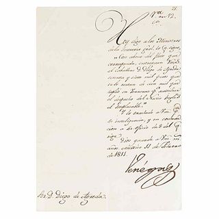 Venegas, Francisco Xavier. Carta Dirigida a los Ministros de la Tesorería General. México, 1811. Handwritten letter. Signed.