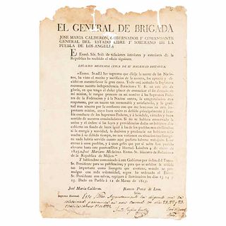 Michelena, José Mariano. Bando sobre la Noticia del Reconocimiento de la Independencia de México por Gran Bretaña. Puebla, 1825.