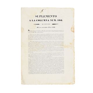 Rangel, Joaquín. Suplemento a la Columna Núm. 102. México: Printed by José Guadalupe Amacosta, November 25th, 1833.