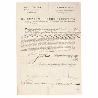 Guerrero, Vicente. (2nd President, April 1st, 1829 - December 17th, 1829). Promotion to Lieutenant... 1824. Signed.