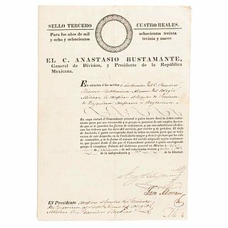 Bustamante, Anastasio. (3rd president, July 8th, 1839 - September 22nd, 1841). Official proclamation. 1841. Signed.