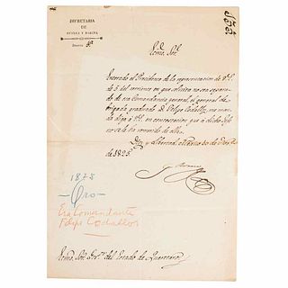 Gómez Pedraza, Manuel. (6th president, December 24th, 1832 - March 31st, 1833). Handwritten letter. Méx, 1825.