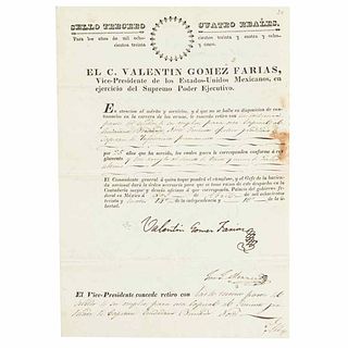 Gómez Farías, Valentín. (7th President, First period: April 1st, 1833 - May 16th, 1833). Official appointment. 1834. Signed.