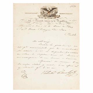 Canalizo, Valentín. (13th President, September 7th, 1843 - June 4th, 1844). Handwritten letter. México, 1...