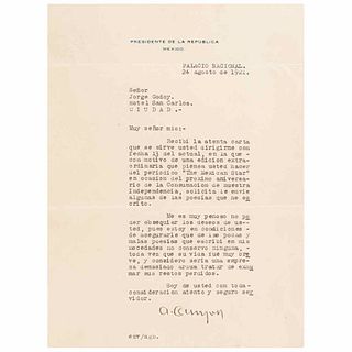 Obregón, Álvaro. (46th President, December 1st, 1920 - November 30th, 1924). Typewritten letter.