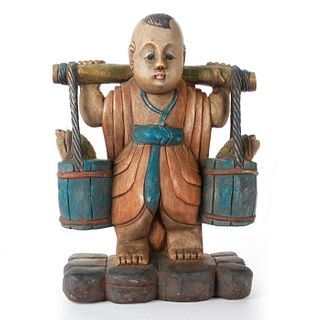 LARGE ASIAN CARVED WOODEN BOY