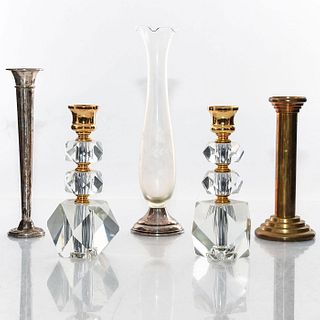 3 CANDLE HOLDERS AND 2 STERLING SILVER VASES