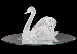 Lalique Crystal Swan on Mirror Plateau