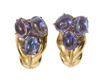 18K YG & Blue Sapphire Omega Clip Earrings