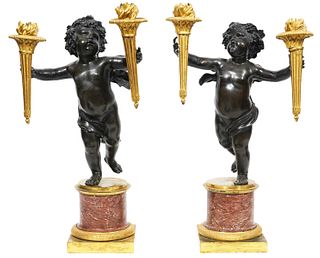 19th Ct. Pr. Winged Putti Candelabras in Marble & Bronze