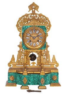 19th Ct. French Malachite & Dore Bronze Mantel Clock