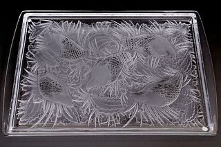 Lalique Art Deco Quail Etched Crystal Tray