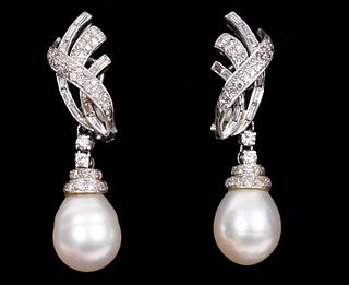 14K White Gold Earrings with Diamonds & Pearls