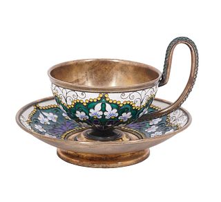Russian Imperial 84 Silver Enamel Cup & Saucer