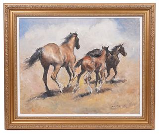 Pal Fried 'Running Horses' Oil on Canvas