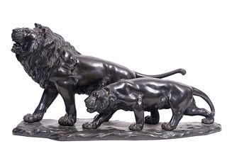 Japanese Bronze Prowling Male & Female Lions