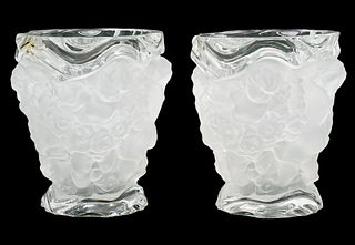 Pr. Lalique 'Cherub' Vases, Frosted & Clear