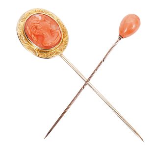 2 Antique Victorian Coral & Yellow Gold Stick Pins
