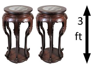 Pair Chinese Carved Plant Stands w Marble Inserts