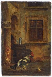 Continental Old Master Rooster Chicken Painting