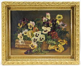 Antique Victorian Pansy Flower Basket Painting